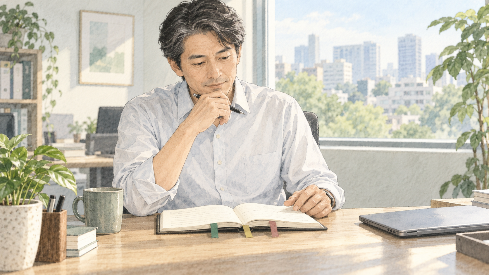 仕事の選択肢をノートで整理する、落ち着いた表情の会社員のイラスト