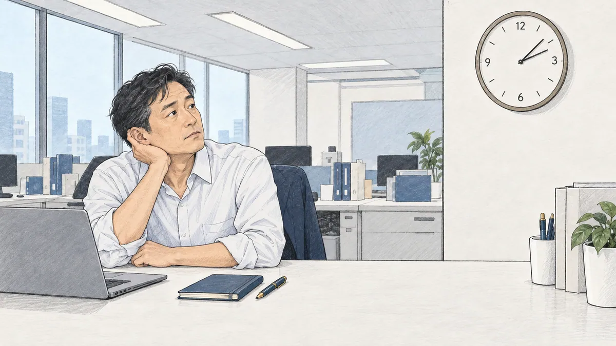仕事が少なく、机の前で時計を見ながら考える会社員のイラスト