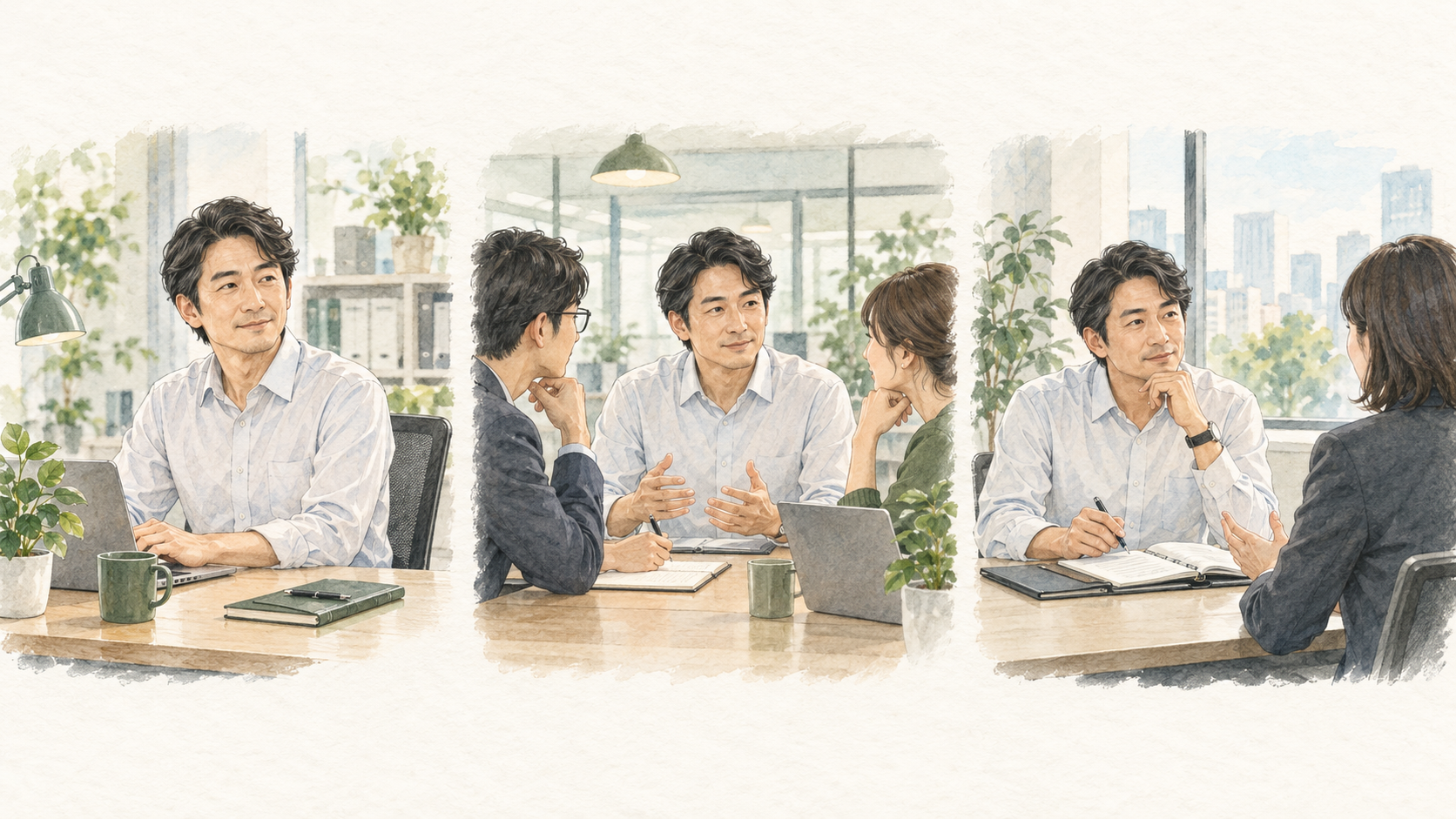 左から、今の職場で働く会社員、社内の別チームで話す会社員、転職先の担当者と話す会社員のイラスト