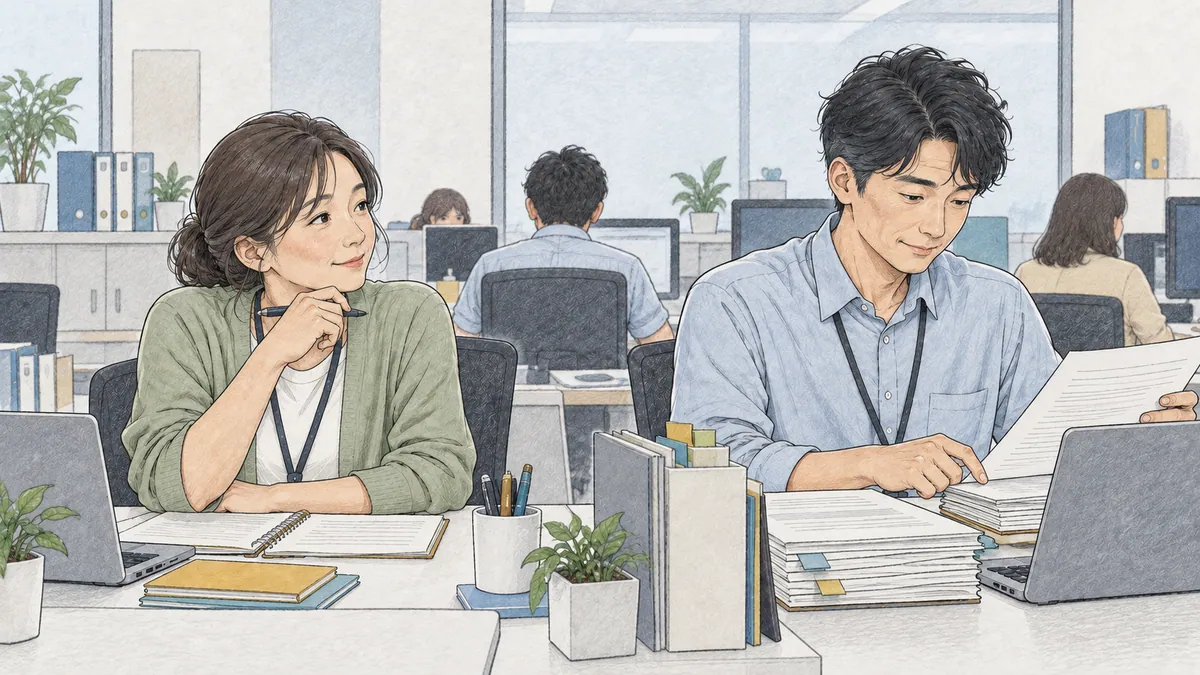 職場の様子を見ながら、自分の役割をノートで考える会社員のイラスト